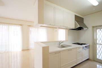 対面式キッチン イメージ　　シンプル家具小物なし　施工例　勝手口付き