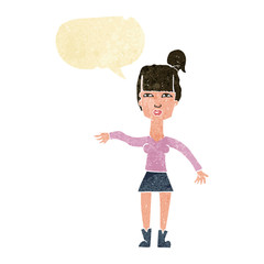 cartoon woman making dismissive gesture with speech bubble