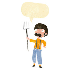 cartoon farmer with pitchfork with speech bubble