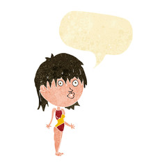 cartoon woman in swimsuit shrugging shoulders with speech bubble