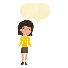 cartoon woman shrugging shoulders with speech bubble