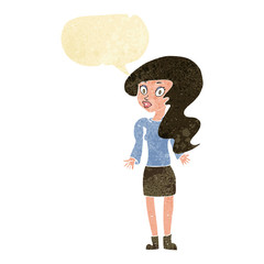cartoon woman shrugging shoulders with speech bubble