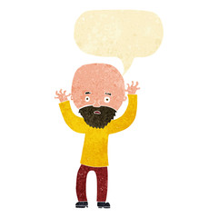 cartoon bearded man panicking with speech bubble