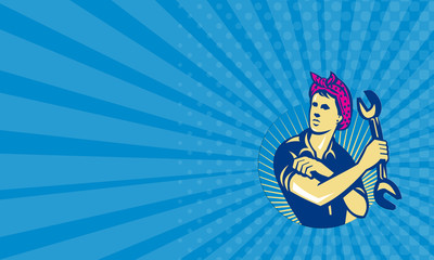 Business card Female Mechanic Worker With Spanner Retro