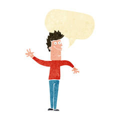 cartoon happy waving man with speech bubble