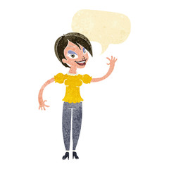 cartoon woman waving with speech bubble