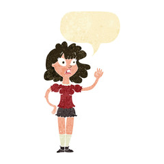 cartoon worried woman waving with speech bubble