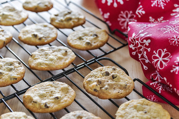 Warm chocolate chip cookies baked for thhe Christmas holidays