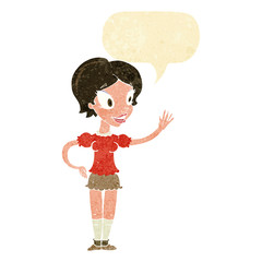cartoon waving woman with speech bubble