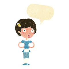 cartoon woman in french maid outfit with speech bubble