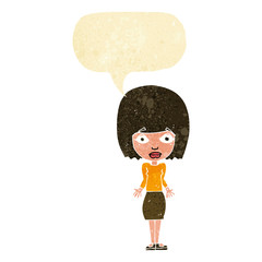 cartoon woman shrugging shoulders with speech bubble