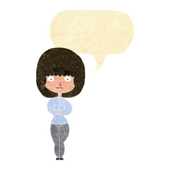 cartoon shy woman with speech bubble
