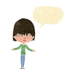 cartoon woman shrugging shoulders with speech bubble