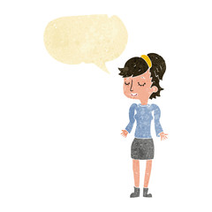 cartoon woman shrugging shoulders with speech bubble