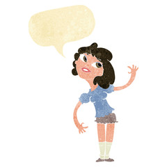 cartoon woman waving with speech bubble