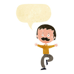cartoon dancing man with mustache with speech bubble