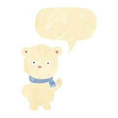 cartoon waving polar bear cub with speech bubble