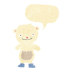 cartoon teddy polar bear wearing boots with speech bubble