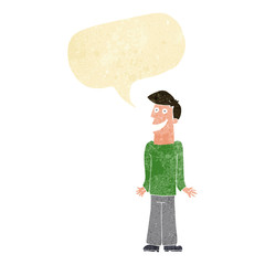 cartoon man shrugging shoulders with speech bubble