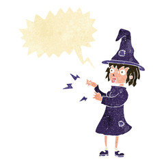 cartoon witch casting spell with speech bubble