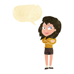 cartoon woman with crossed arms with speech bubble