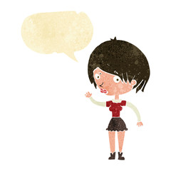 cartoon waving woman with speech bubble