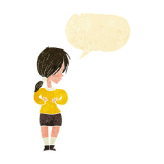 cartoon shy woman with speech bubble