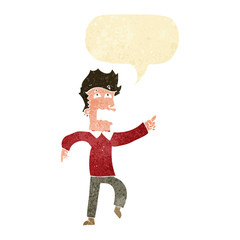 cartoon frightened man pointing with speech bubble