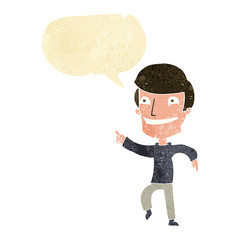 cartoon happy man pointing with speech bubble