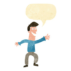 cartoon happy man dancing with speech bubble