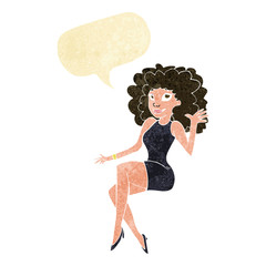 cartoon sitting woman waving with speech bubble