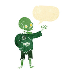 cartoon skeleton waving with speech bubble