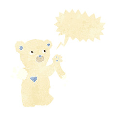 cartoon teddy polar bear with torn arm with speech bubble