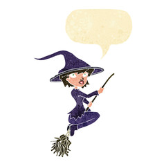 cartoon witch riding broomstick with speech bubble