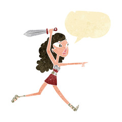 cartoon viking girl with sword with speech bubble