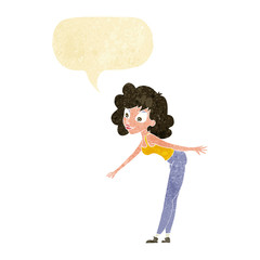 cartoon woman reaching to pick something up with speech bubble
