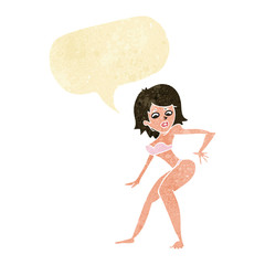 cartoon woman in bikini with speech bubble