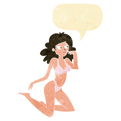 cartoon woman in underwear looking thoughtful with speech bubble