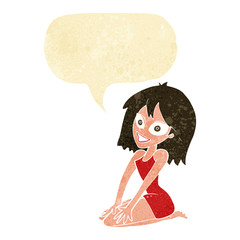 cartoon happy woman in dress with speech bubble