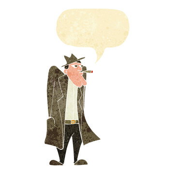 recommend clip art: cartoon man in hat and trench coat with speech bubble