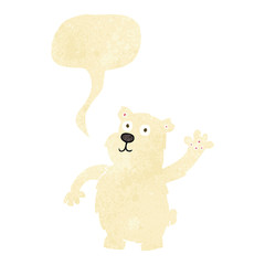 cartoon waving polar bear with speech bubble