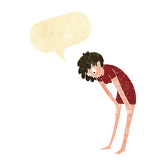 cartoon woman looking at her feet with speech bubble