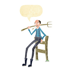 cartoon old farmer leaning on fence with speech bubble