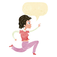 cartoon woman running and pointing with speech bubble