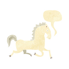 cartoon running white stallion with speech bubble