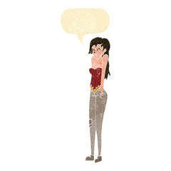 cartoon pretty woman shrugging shoulders with speech bubble