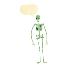 cartoon spooky skeleton with speech bubble