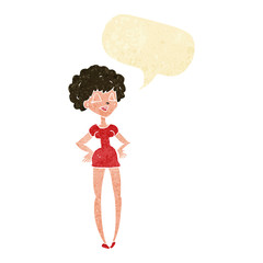 cartoon happy woman with hands on hips with speech bubble
