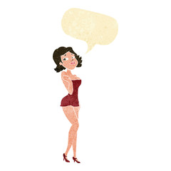 cartoon attractive woman in short dress with speech bubble