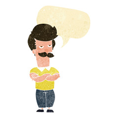 cartoon mustache muscle man with speech bubble